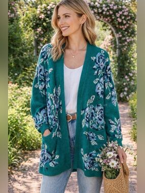 The Pioneer Woman Teal Floral Open Cardigan with Blue Accents